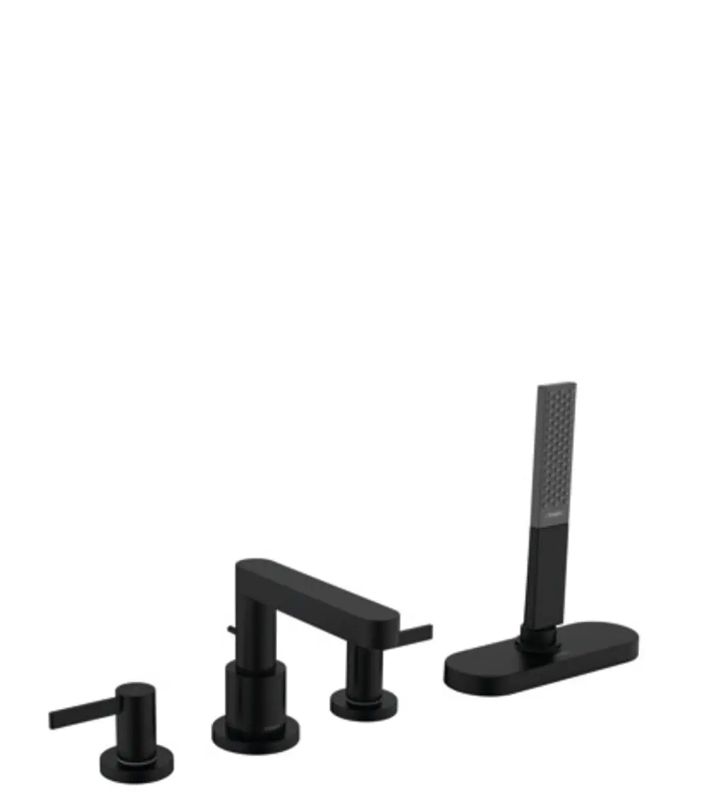 Hansgrohe Armatur mit vier Komponenten in mattschwarz. Enthält einen Wasserhahn, zwei Steuerhebel und eine Handbrause mit flachem Griff und strukturiertem Spraykopf.